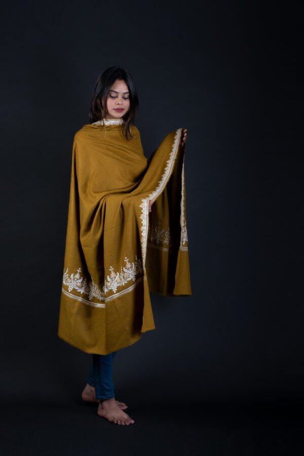 Mustard pashmina shawl hand embroidered in tilla craft