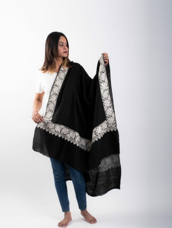 Black Pashmina Shawl , Hand embroidered in silver Tilla