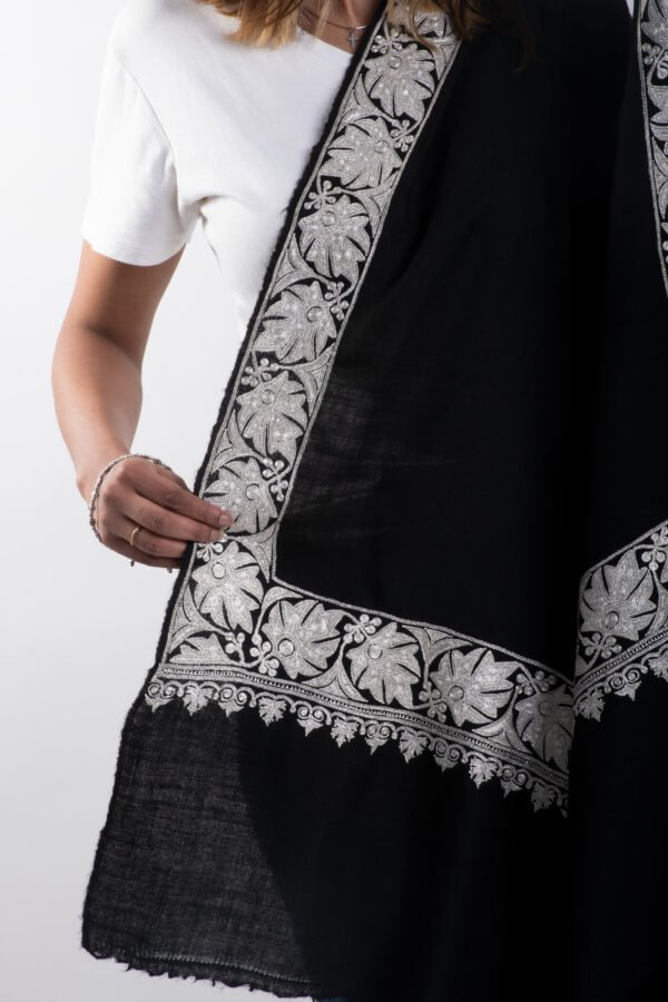 Black Pashmina Shawl , Hand embroidered in silver Tilla - Image 3