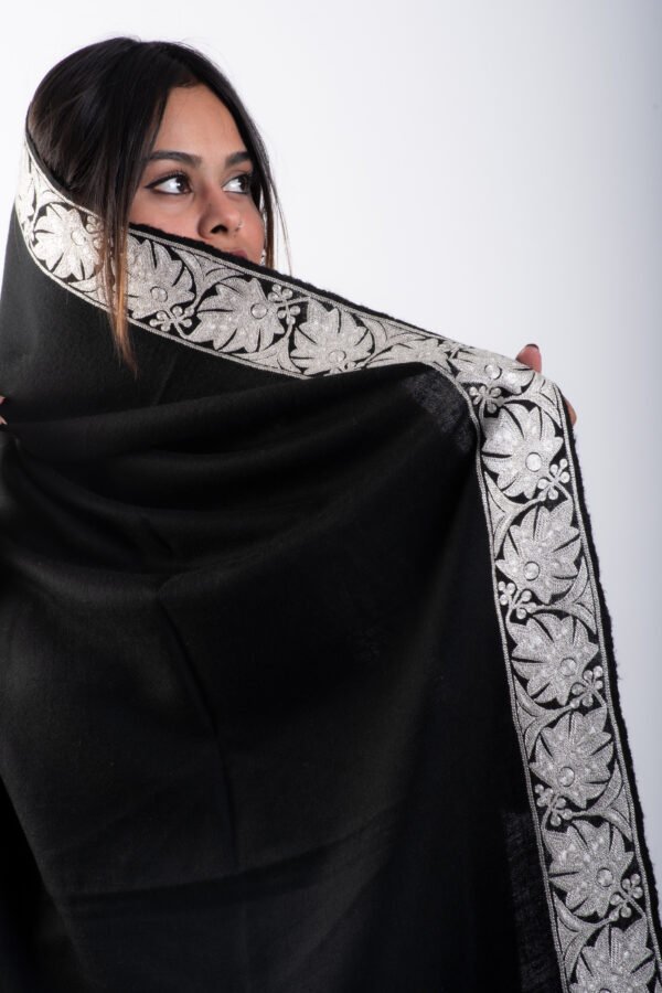 Black Pashmina Shawl , Hand embroidered in silver Tilla - Image 4