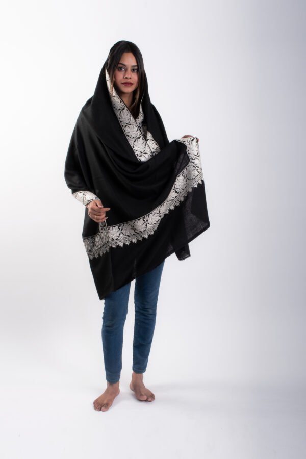 Black Pashmina Shawl , Hand embroidered in silver Tilla - Image 2