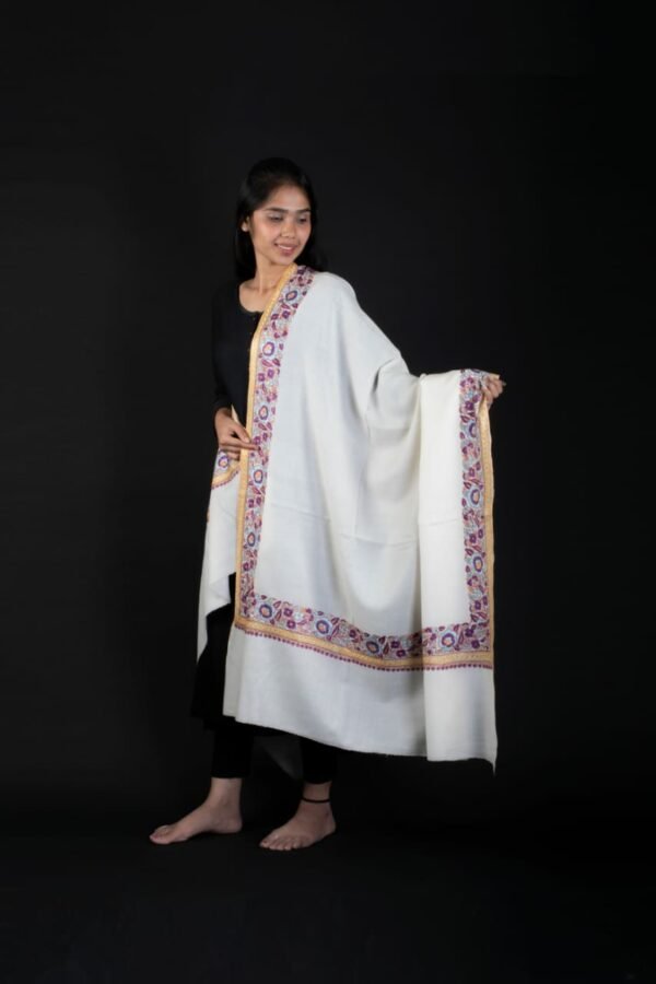 Fine marino wool white shawl hand embroidered in Sozni and Tilla crafts